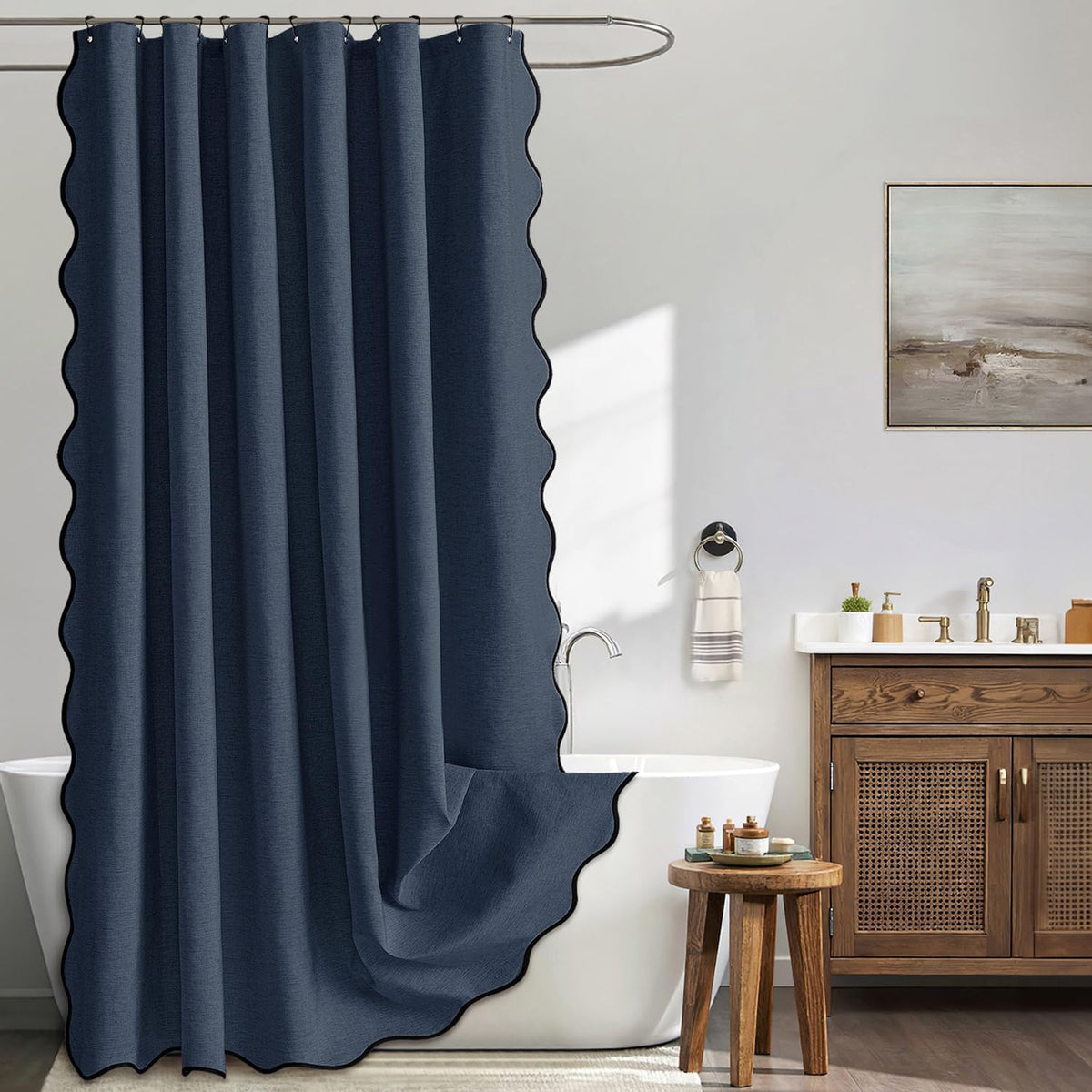 Beige Scalloped Shower Curtain Linen Textured with 12 Metal Hooks Cute Heavy Duty Washable Waterproof Neutral Thick Cloth Shower Curtains with Black Border for Bathroom Bathtub,W72*L72 Cream