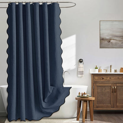 Beige Scalloped Shower Curtain Linen Textured with 12 Metal Hooks Cute Heavy Duty Washable Waterproof Neutral Thick Cloth Shower Curtains with Black Border for Bathroom Bathtub,W72*L72 Cream