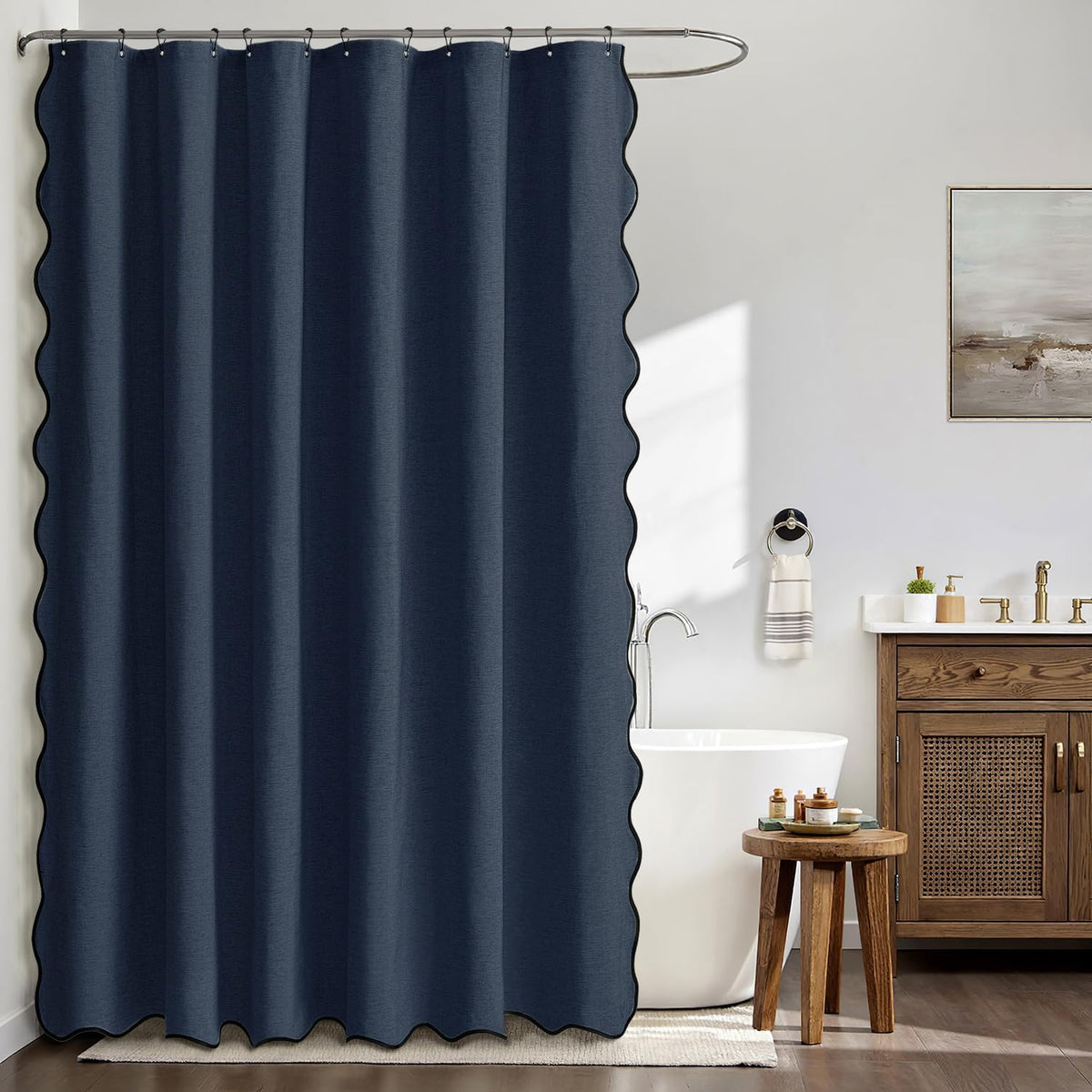 Beige Scalloped Shower Curtain Linen Textured with 12 Metal Hooks Cute Heavy Duty Washable Waterproof Neutral Thick Cloth Shower Curtains with Black Border for Bathroom Bathtub,W72*L72 Cream