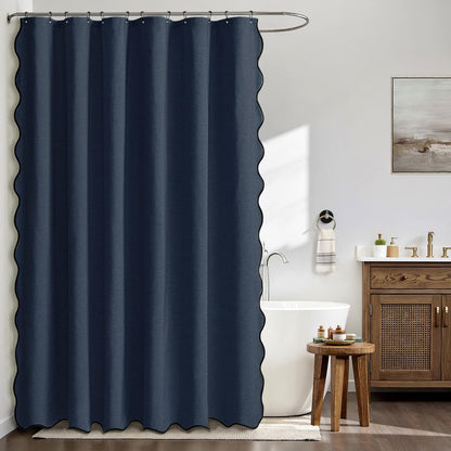 Beige Scalloped Shower Curtain Linen Textured with 12 Metal Hooks Cute Heavy Duty Washable Waterproof Neutral Thick Cloth Shower Curtains with Black Border for Bathroom Bathtub,W72*L72 Cream