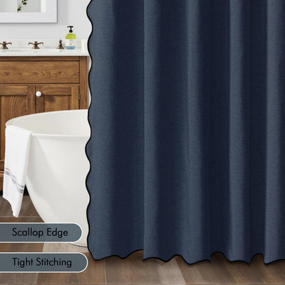 Beige Scalloped Shower Curtain Linen Textured with 12 Metal Hooks Cute Heavy Duty Washable Waterproof Neutral Thick Cloth Shower Curtains with Black Border for Bathroom Bathtub,W72*L72 Cream