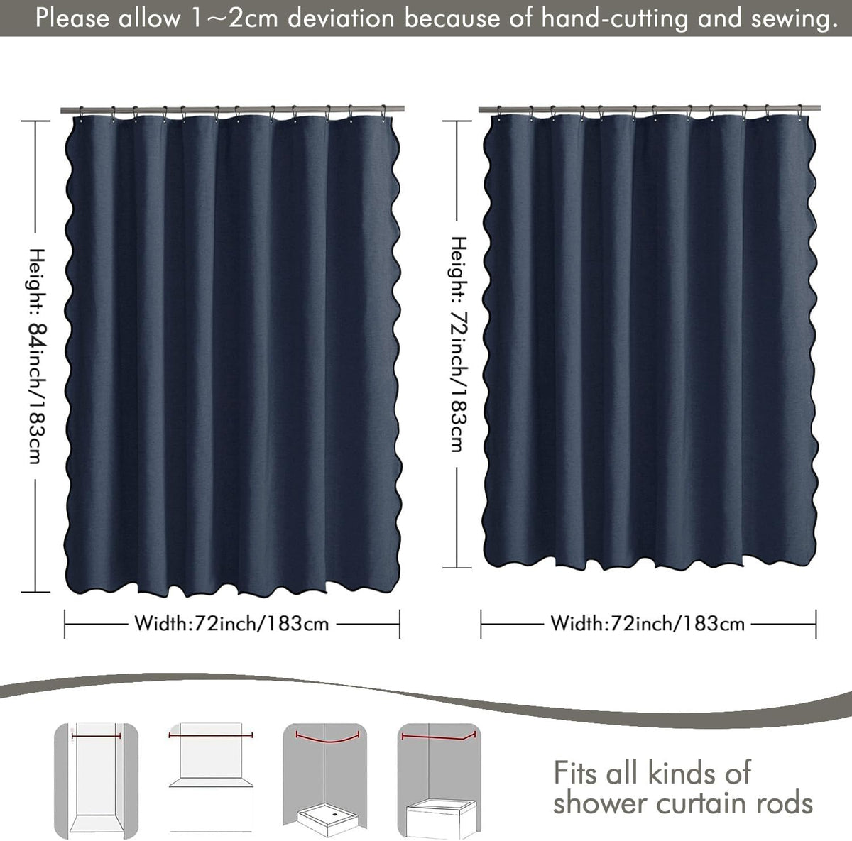 Beige Scalloped Shower Curtain Linen Textured with 12 Metal Hooks Cute Heavy Duty Washable Waterproof Neutral Thick Cloth Shower Curtains with Black Border for Bathroom Bathtub,W72*L72 Cream