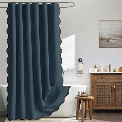 Beige Scalloped Shower Curtain Linen Textured with 12 Metal Hooks Cute Heavy Duty Washable Waterproof Neutral Thick Cloth Shower Curtains with Black Border for Bathroom Bathtub,W72*L72 Cream