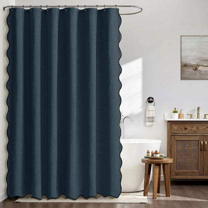 Beige Scalloped Shower Curtain Linen Textured with 12 Metal Hooks Cute Heavy Duty Washable Waterproof Neutral Thick Cloth Shower Curtains with Black Border for Bathroom Bathtub,W72*L72 Cream