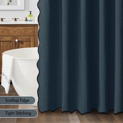 Beige Scalloped Shower Curtain Linen Textured with 12 Metal Hooks Cute Heavy Duty Washable Waterproof Neutral Thick Cloth Shower Curtains with Black Border for Bathroom Bathtub,W72*L72 Cream