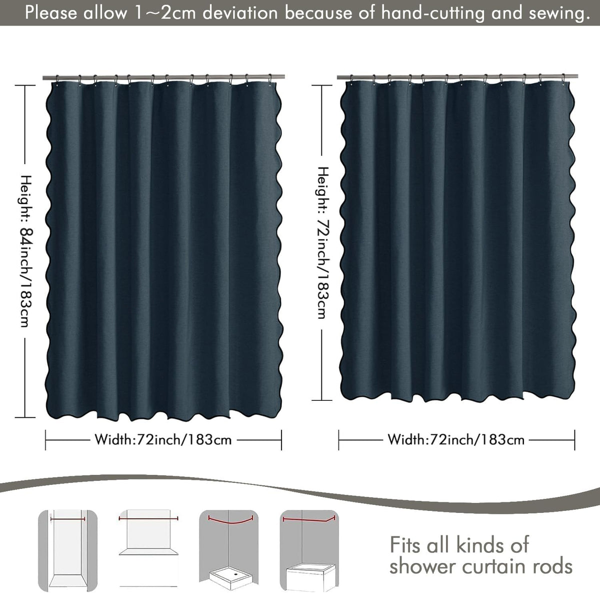 Beige Scalloped Shower Curtain Linen Textured with 12 Metal Hooks Cute Heavy Duty Washable Waterproof Neutral Thick Cloth Shower Curtains with Black Border for Bathroom Bathtub,W72*L72 Cream
