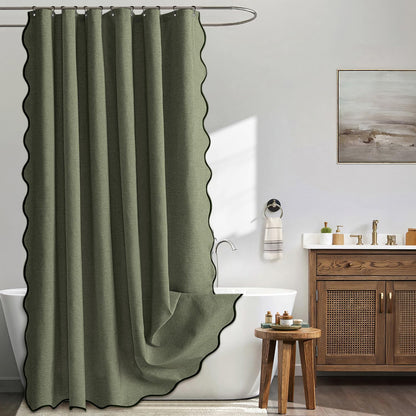 Beige Scalloped Shower Curtain Linen Textured with 12 Metal Hooks Cute Heavy Duty Washable Waterproof Neutral Thick Cloth Shower Curtains with Black Border for Bathroom Bathtub,W72*L72 Cream