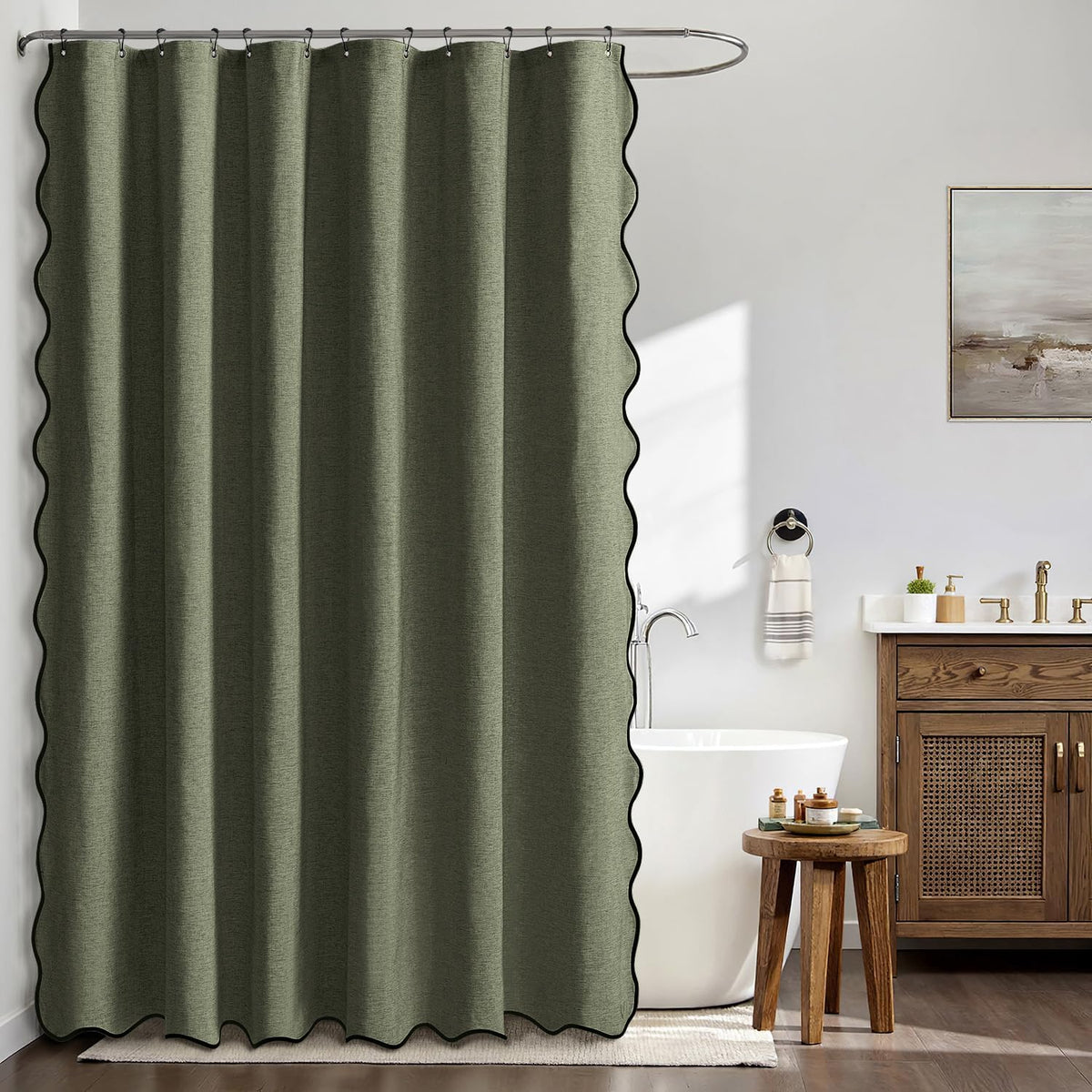 Beige Scalloped Shower Curtain Linen Textured with 12 Metal Hooks Cute Heavy Duty Washable Waterproof Neutral Thick Cloth Shower Curtains with Black Border for Bathroom Bathtub,W72*L72 Cream