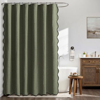 Beige Scalloped Shower Curtain Linen Textured with 12 Metal Hooks Cute Heavy Duty Washable Waterproof Neutral Thick Cloth Shower Curtains with Black Border for Bathroom Bathtub,W72*L72 Cream