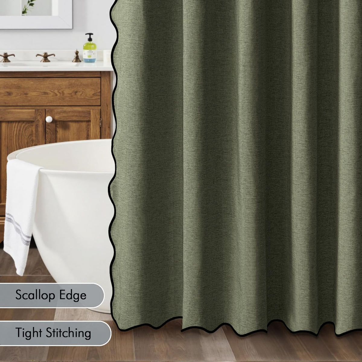 Beige Scalloped Shower Curtain Linen Textured with 12 Metal Hooks Cute Heavy Duty Washable Waterproof Neutral Thick Cloth Shower Curtains with Black Border for Bathroom Bathtub,W72*L72 Cream