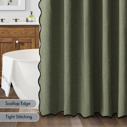 Beige Scalloped Shower Curtain Linen Textured with 12 Metal Hooks Cute Heavy Duty Washable Waterproof Neutral Thick Cloth Shower Curtains with Black Border for Bathroom Bathtub,W72*L72 Cream