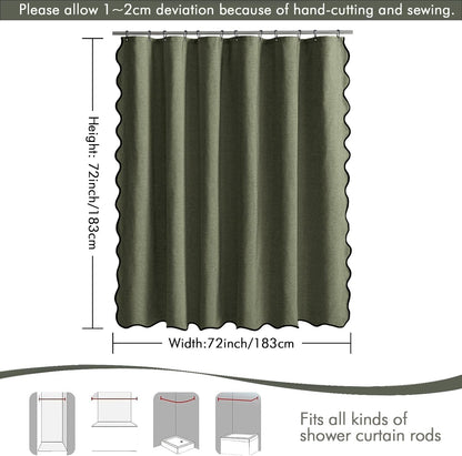 Beige Scalloped Shower Curtain Linen Textured with 12 Metal Hooks Cute Heavy Duty Washable Waterproof Neutral Thick Cloth Shower Curtains with Black Border for Bathroom Bathtub,W72*L72 Cream