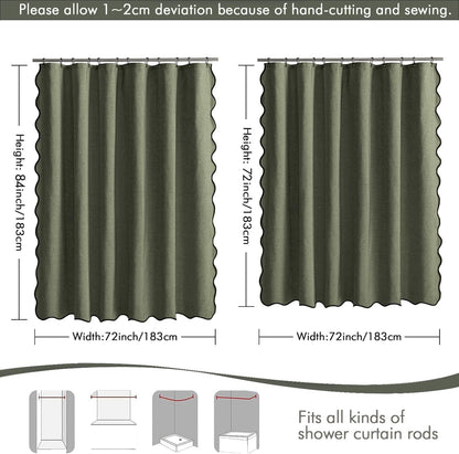 Beige Scalloped Shower Curtain Linen Textured with 12 Metal Hooks Cute Heavy Duty Washable Waterproof Neutral Thick Cloth Shower Curtains with Black Border for Bathroom Bathtub,W72*L72 Cream