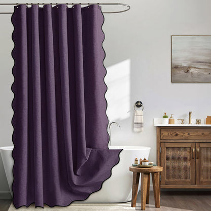 Beige Scalloped Shower Curtain Linen Textured with 12 Metal Hooks Cute Heavy Duty Washable Waterproof Neutral Thick Cloth Shower Curtains with Black Border for Bathroom Bathtub,W72*L72 Cream