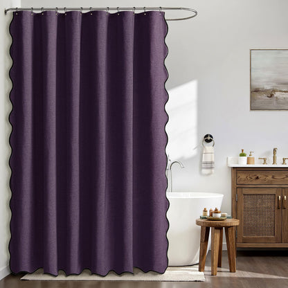 Beige Scalloped Shower Curtain Linen Textured with 12 Metal Hooks Cute Heavy Duty Washable Waterproof Neutral Thick Cloth Shower Curtains with Black Border for Bathroom Bathtub,W72*L72 Cream