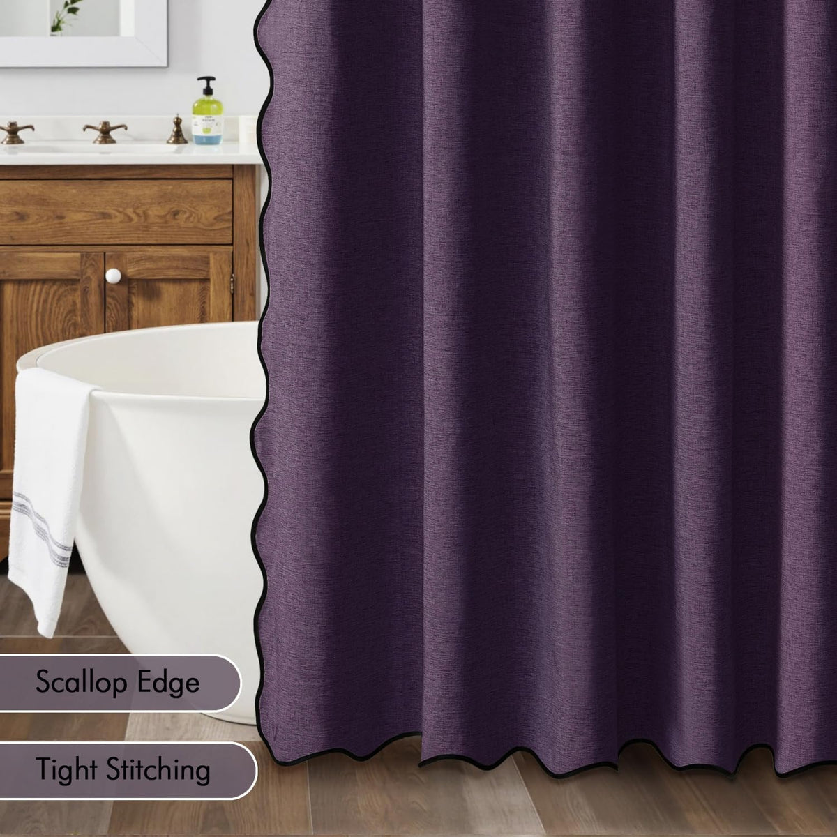 Beige Scalloped Shower Curtain Linen Textured with 12 Metal Hooks Cute Heavy Duty Washable Waterproof Neutral Thick Cloth Shower Curtains with Black Border for Bathroom Bathtub,W72*L72 Cream