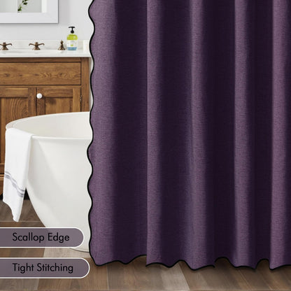 Beige Scalloped Shower Curtain Linen Textured with 12 Metal Hooks Cute Heavy Duty Washable Waterproof Neutral Thick Cloth Shower Curtains with Black Border for Bathroom Bathtub,W72*L72 Cream