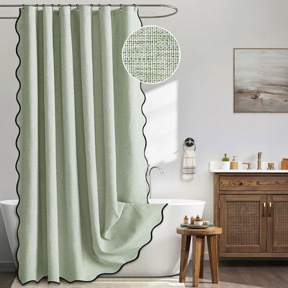 Beige Scalloped Shower Curtain Linen Textured with 12 Metal Hooks Cute Heavy Duty Washable Waterproof Neutral Thick Cloth Shower Curtains with Black Border for Bathroom Bathtub,W72*L72 Cream