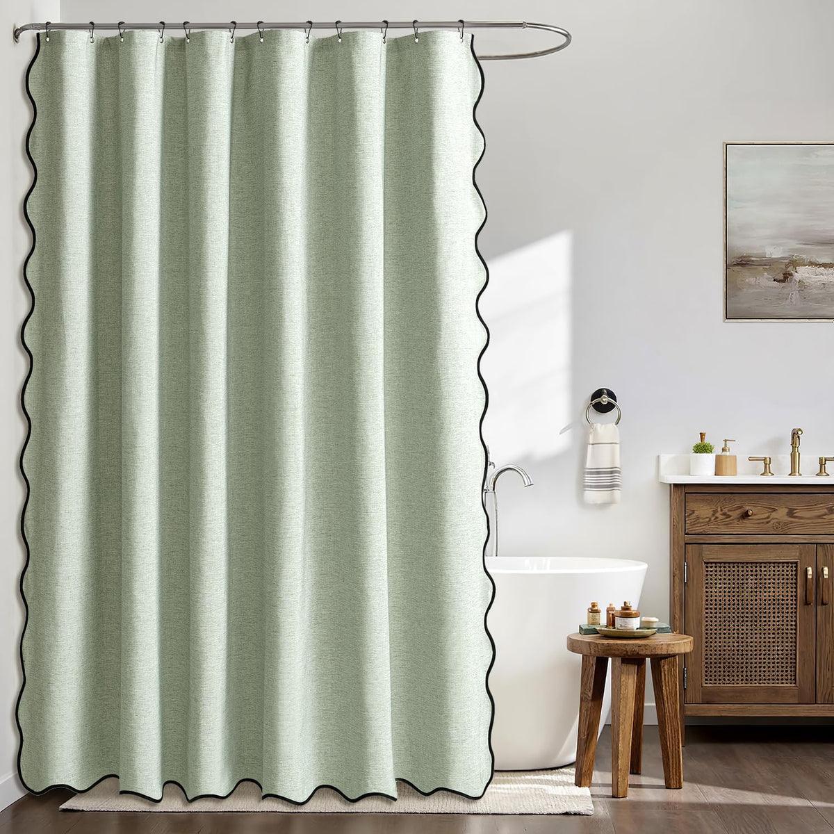 Beige Scalloped Shower Curtain Linen Textured with 12 Metal Hooks Cute Heavy Duty Washable Waterproof Neutral Thick Cloth Shower Curtains with Black Border for Bathroom Bathtub,W72*L72 Cream