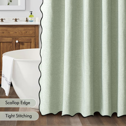 Beige Scalloped Shower Curtain Linen Textured with 12 Metal Hooks Cute Heavy Duty Washable Waterproof Neutral Thick Cloth Shower Curtains with Black Border for Bathroom Bathtub,W72*L72 Cream