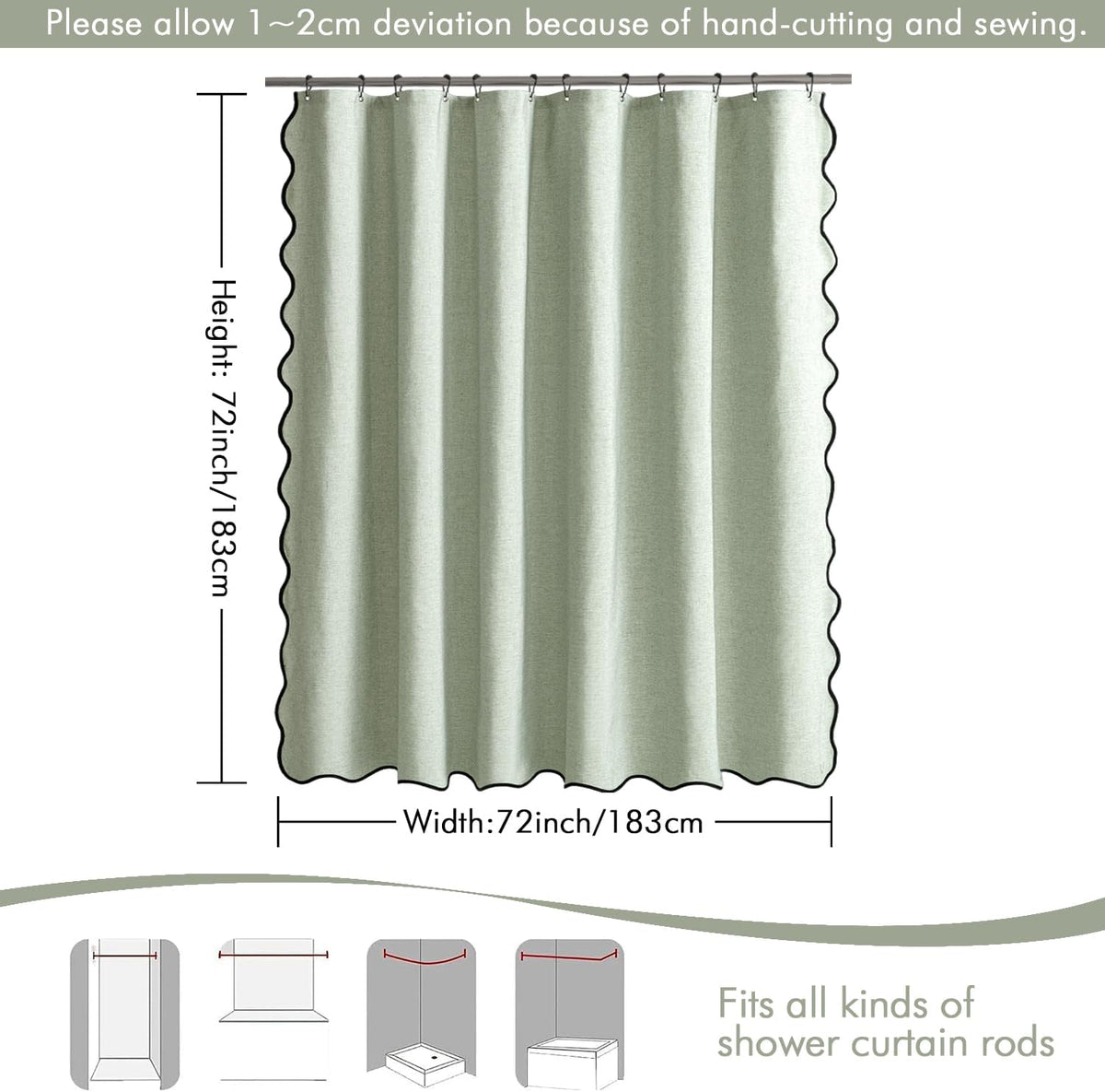 Beige Scalloped Shower Curtain Linen Textured with 12 Metal Hooks Cute Heavy Duty Washable Waterproof Neutral Thick Cloth Shower Curtains with Black Border for Bathroom Bathtub,W72*L72 Cream