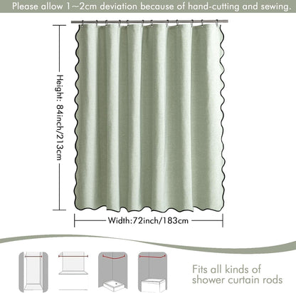 Beige Scalloped Shower Curtain Linen Textured with 12 Metal Hooks Cute Heavy Duty Washable Waterproof Neutral Thick Cloth Shower Curtains with Black Border for Bathroom Bathtub,W72*L72 Cream