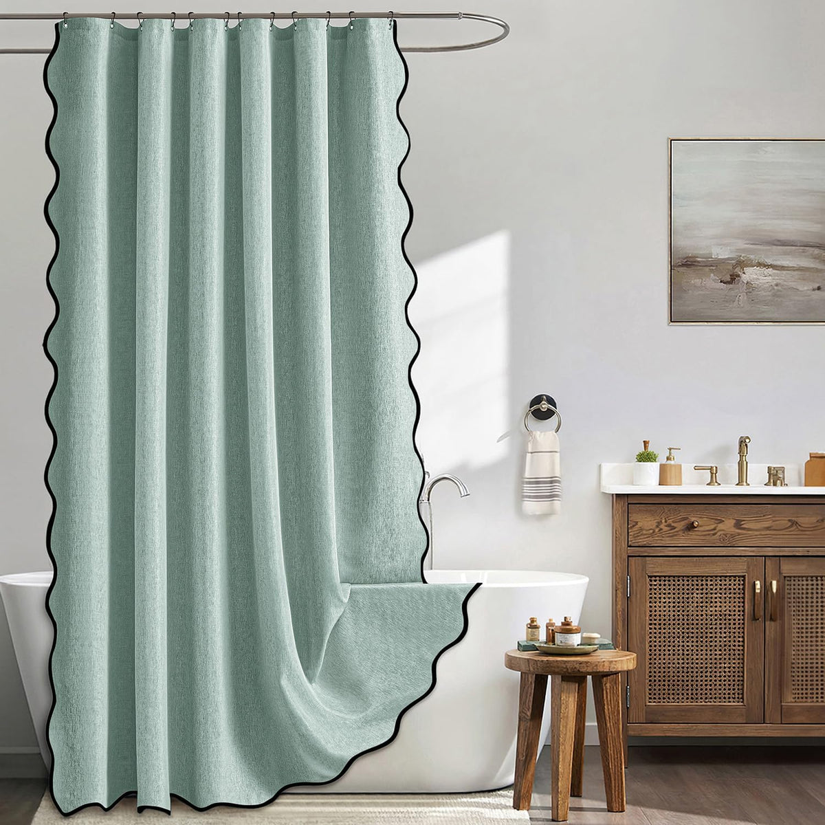 Beige Scalloped Shower Curtain Linen Textured with 12 Metal Hooks Cute Heavy Duty Washable Waterproof Neutral Thick Cloth Shower Curtains with Black Border for Bathroom Bathtub,W72*L72 Cream