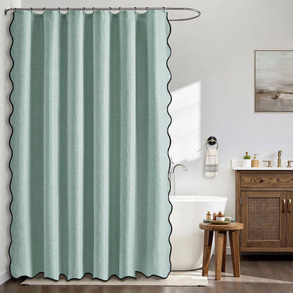 Beige Scalloped Shower Curtain Linen Textured with 12 Metal Hooks Cute Heavy Duty Washable Waterproof Neutral Thick Cloth Shower Curtains with Black Border for Bathroom Bathtub,W72*L72 Cream