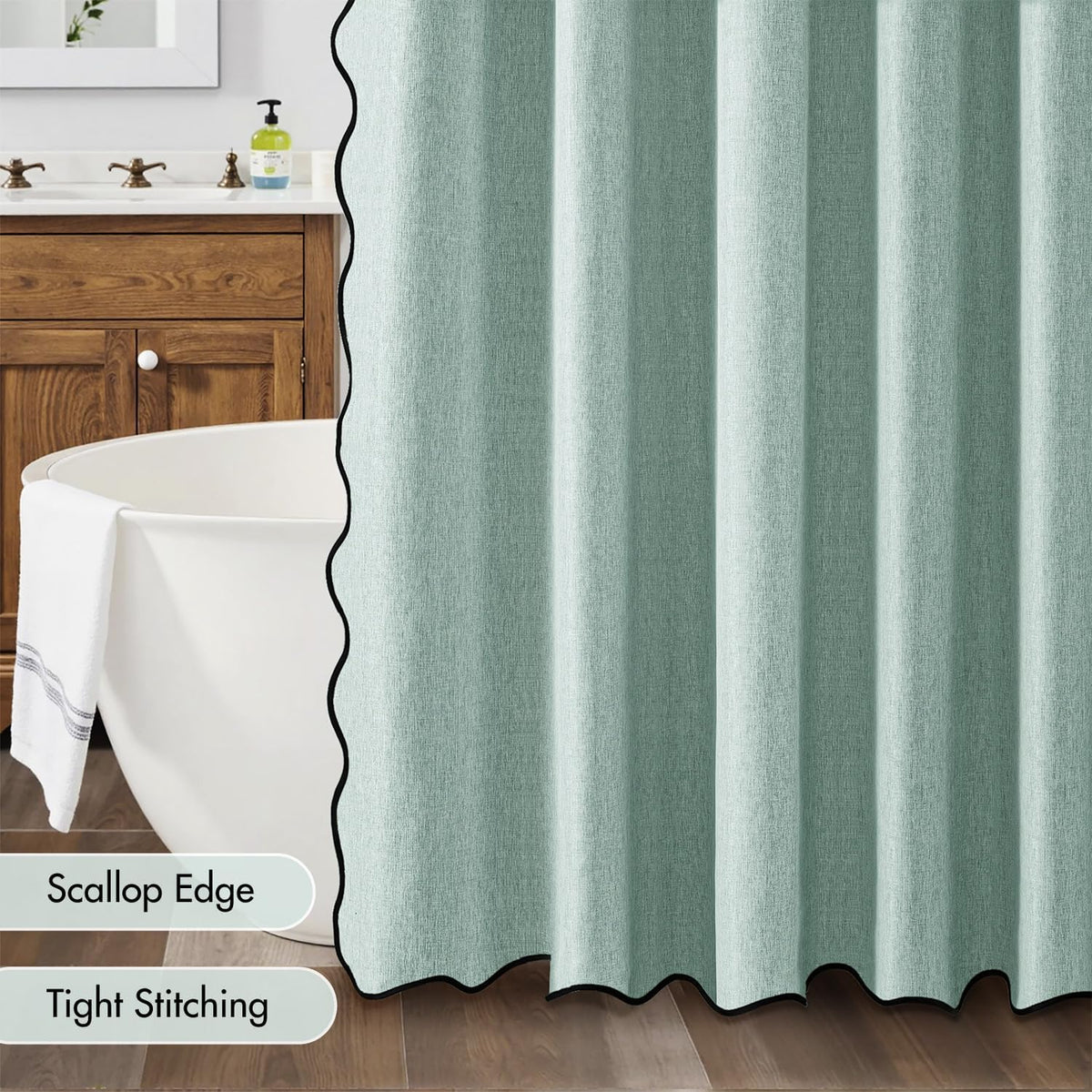 Beige Scalloped Shower Curtain Linen Textured with 12 Metal Hooks Cute Heavy Duty Washable Waterproof Neutral Thick Cloth Shower Curtains with Black Border for Bathroom Bathtub,W72*L72 Cream