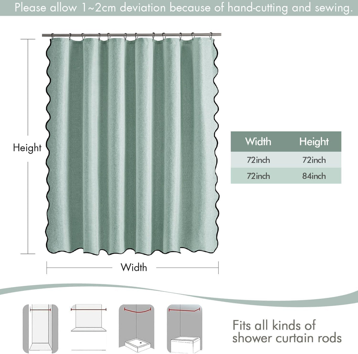 Beige Scalloped Shower Curtain Linen Textured with 12 Metal Hooks Cute Heavy Duty Washable Waterproof Neutral Thick Cloth Shower Curtains with Black Border for Bathroom Bathtub,W72*L72 Cream