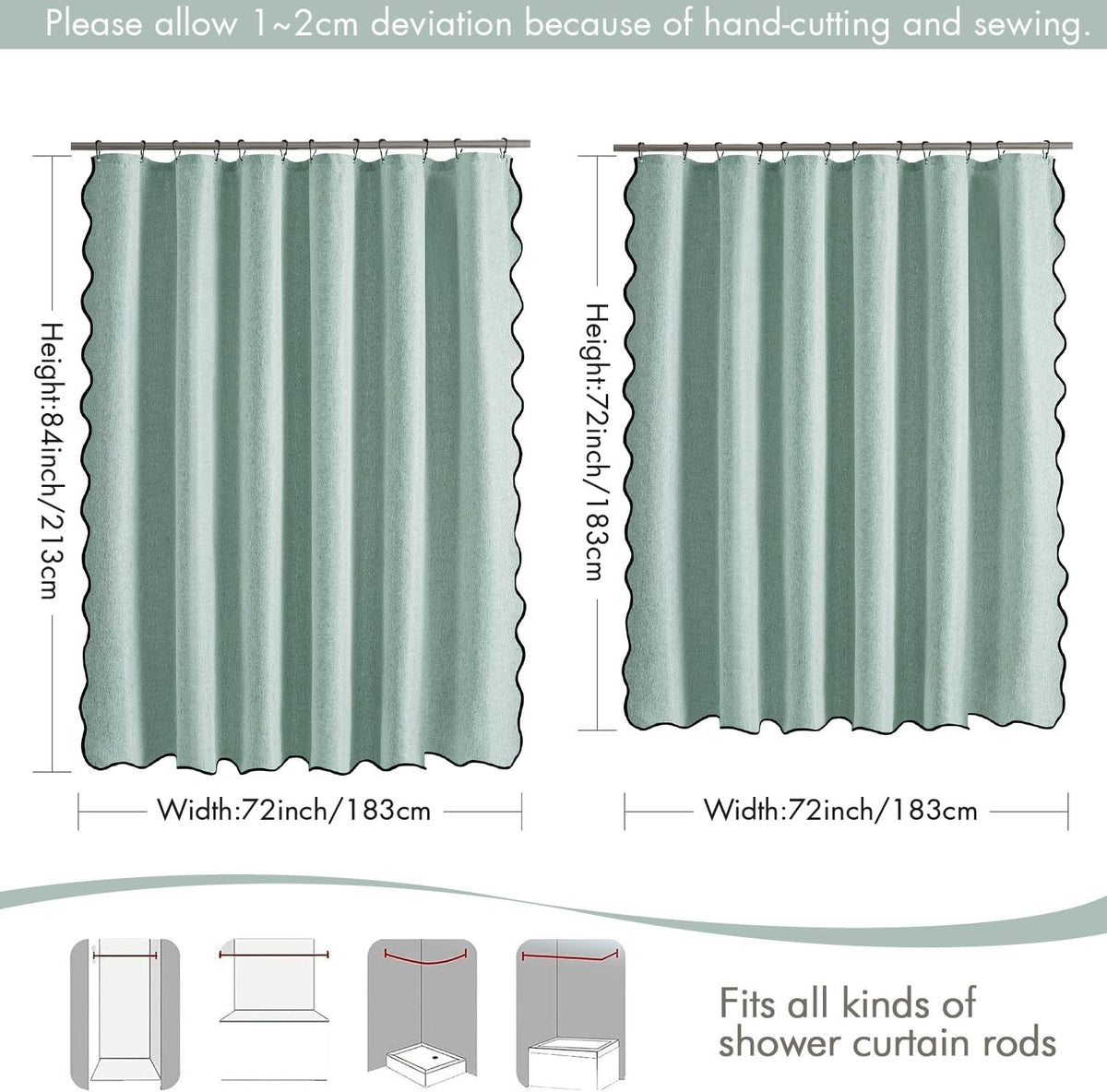 Beige Scalloped Shower Curtain Linen Textured with 12 Metal Hooks Cute Heavy Duty Washable Waterproof Neutral Thick Cloth Shower Curtains with Black Border for Bathroom Bathtub,W72*L72 Cream