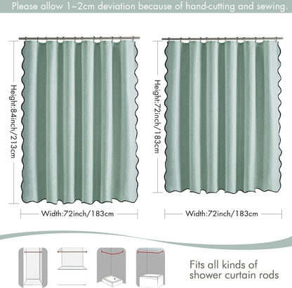 Beige Scalloped Shower Curtain Linen Textured with 12 Metal Hooks Cute Heavy Duty Washable Waterproof Neutral Thick Cloth Shower Curtains with Black Border for Bathroom Bathtub,W72*L72 Cream