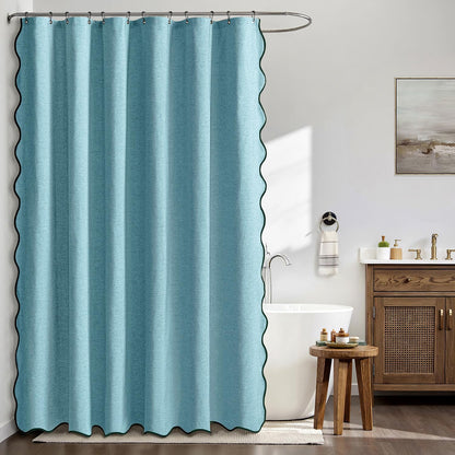 Beige Scalloped Shower Curtain Linen Textured with 12 Metal Hooks Cute Heavy Duty Washable Waterproof Neutral Thick Cloth Shower Curtains with Black Border for Bathroom Bathtub,W72*L72 Cream