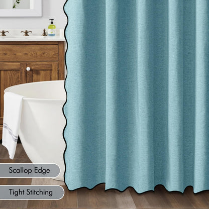 Beige Scalloped Shower Curtain Linen Textured with 12 Metal Hooks Cute Heavy Duty Washable Waterproof Neutral Thick Cloth Shower Curtains with Black Border for Bathroom Bathtub,W72*L72 Cream