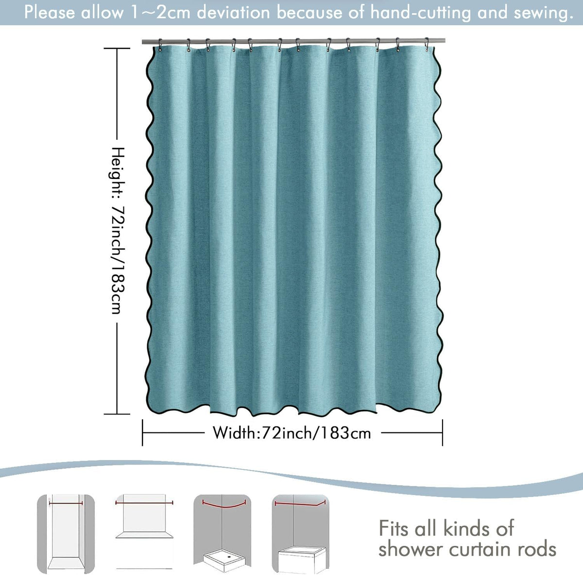 Beige Scalloped Shower Curtain Linen Textured with 12 Metal Hooks Cute Heavy Duty Washable Waterproof Neutral Thick Cloth Shower Curtains with Black Border for Bathroom Bathtub,W72*L72 Cream