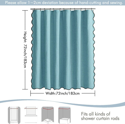 Beige Scalloped Shower Curtain Linen Textured with 12 Metal Hooks Cute Heavy Duty Washable Waterproof Neutral Thick Cloth Shower Curtains with Black Border for Bathroom Bathtub,W72*L72 Cream