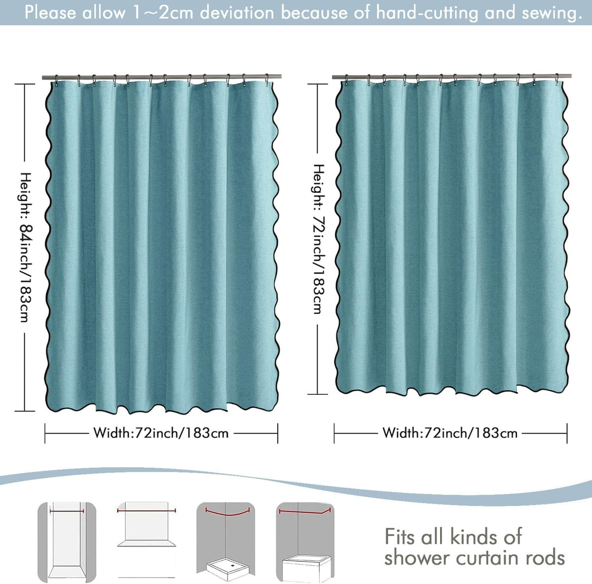 Beige Scalloped Shower Curtain Linen Textured with 12 Metal Hooks Cute Heavy Duty Washable Waterproof Neutral Thick Cloth Shower Curtains with Black Border for Bathroom Bathtub,W72*L72 Cream