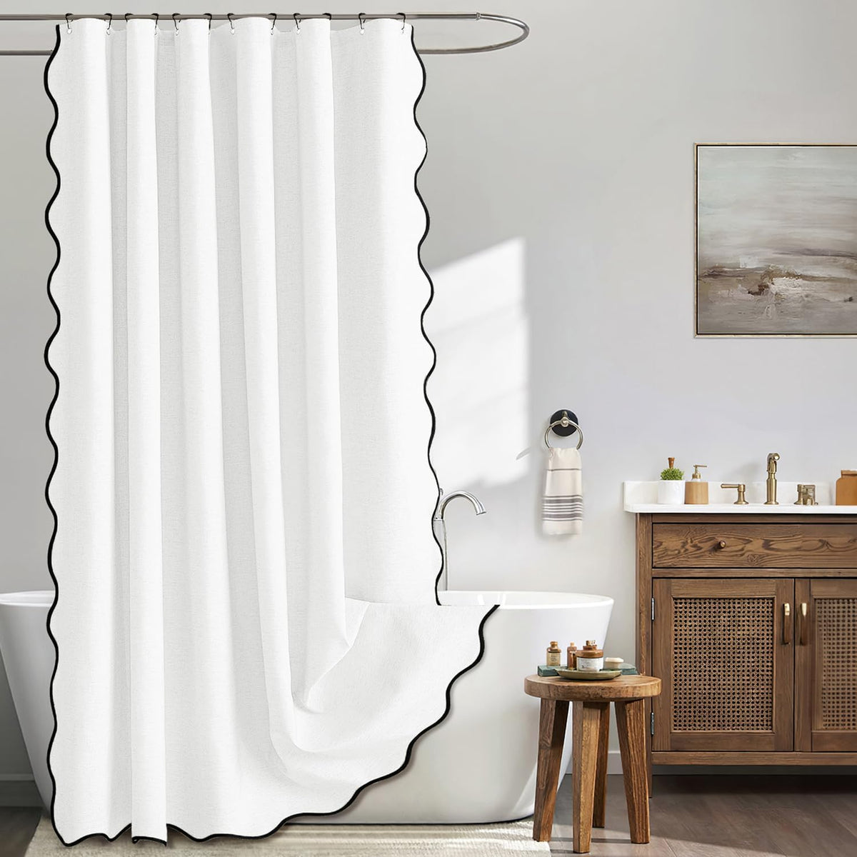 Beige Scalloped Shower Curtain Linen Textured with 12 Metal Hooks Cute Heavy Duty Washable Waterproof Neutral Thick Cloth Shower Curtains with Black Border for Bathroom Bathtub,W72*L72 Cream