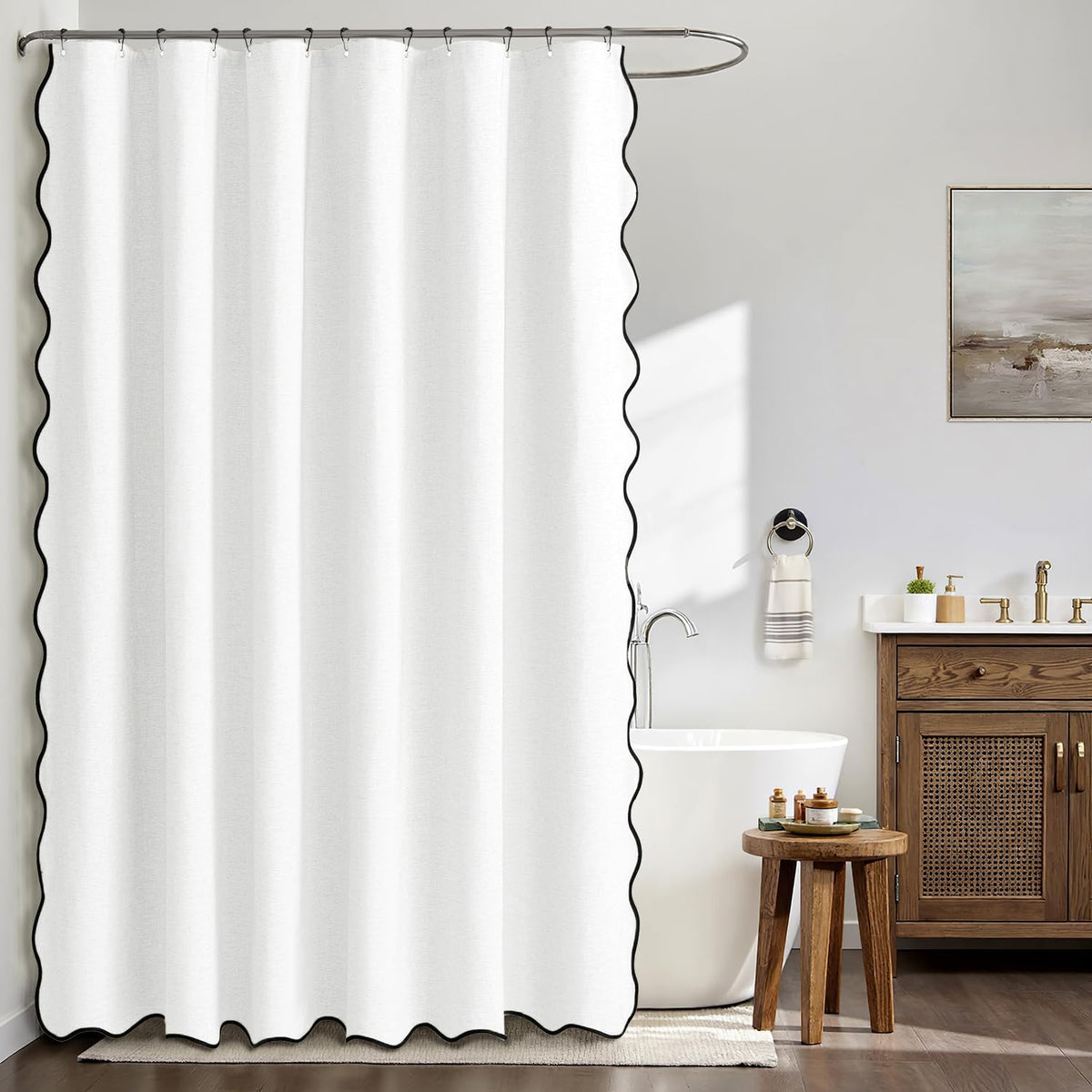 Beige Scalloped Shower Curtain Linen Textured with 12 Metal Hooks Cute Heavy Duty Washable Waterproof Neutral Thick Cloth Shower Curtains with Black Border for Bathroom Bathtub,W72*L72 Cream