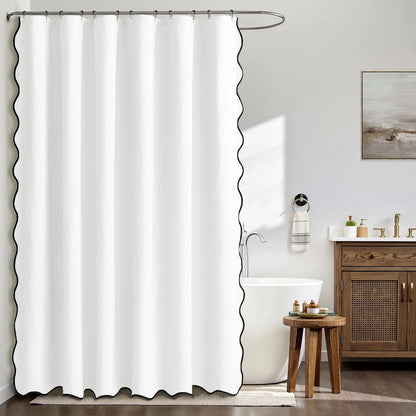 Beige Scalloped Shower Curtain Linen Textured with 12 Metal Hooks Cute Heavy Duty Washable Waterproof Neutral Thick Cloth Shower Curtains with Black Border for Bathroom Bathtub,W72*L72 Cream