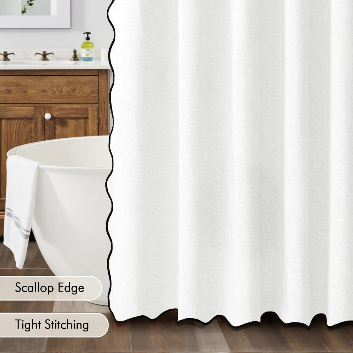 Beige Scalloped Shower Curtain Linen Textured with 12 Metal Hooks Cute Heavy Duty Washable Waterproof Neutral Thick Cloth Shower Curtains with Black Border for Bathroom Bathtub,W72*L72 Cream