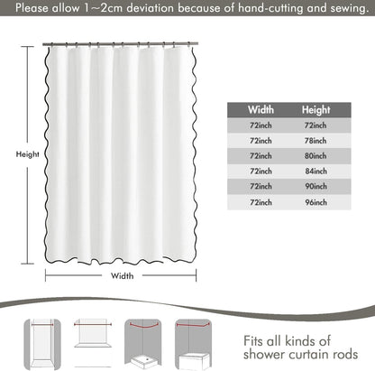 Beige Scalloped Shower Curtain Linen Textured with 12 Metal Hooks Cute Heavy Duty Washable Waterproof Neutral Thick Cloth Shower Curtains with Black Border for Bathroom Bathtub,W72*L72 Cream