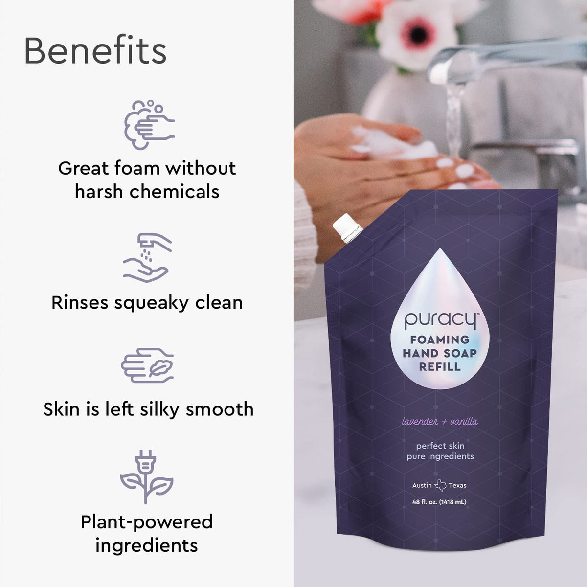 Foaming Hand Soap Refill - Plant-Powered Natural Hand Soap As Seen on TikTok, Non-Toxic, Sulfate-Free Liquid Soap, Moisturizing Foam Handwash Liquid (Lavender & Vanilla, 48 fl oz)
