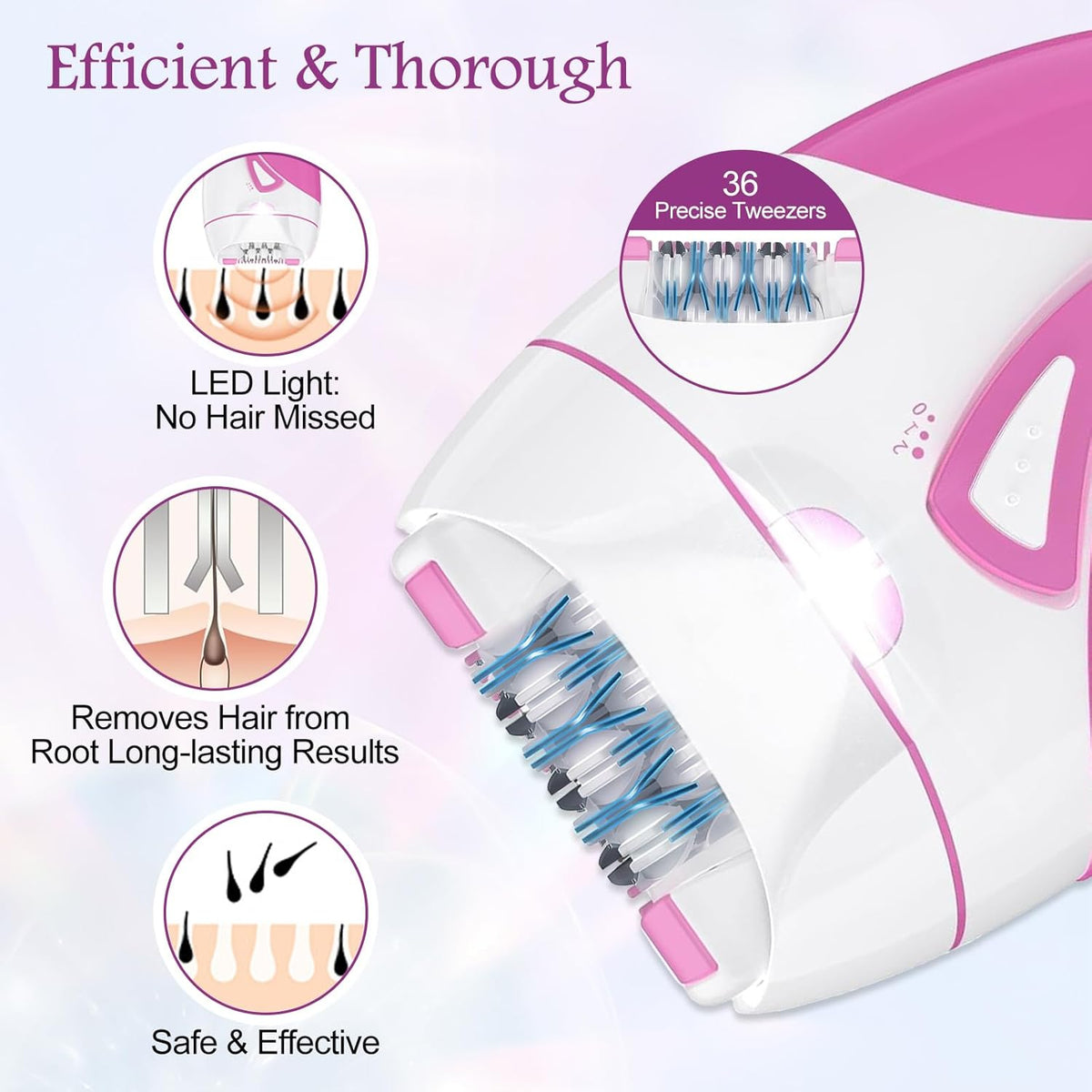 Epilator for Women, Smooth Glide Facial Hair Remover with 2 Speed & LED Light, Rechargeable Cordless Electric Epilator for Face, Bikini, Underarms, Arms, and Legs, Painless & Portable