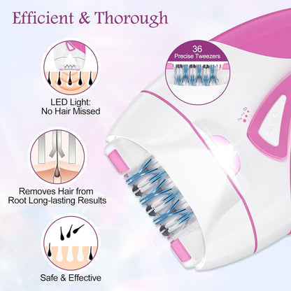 Epilator for Women, Smooth Glide Facial Hair Remover with 2 Speed & LED Light, Rechargeable Cordless Electric Epilator for Face, Bikini, Underarms, Arms, and Legs, Painless & Portable