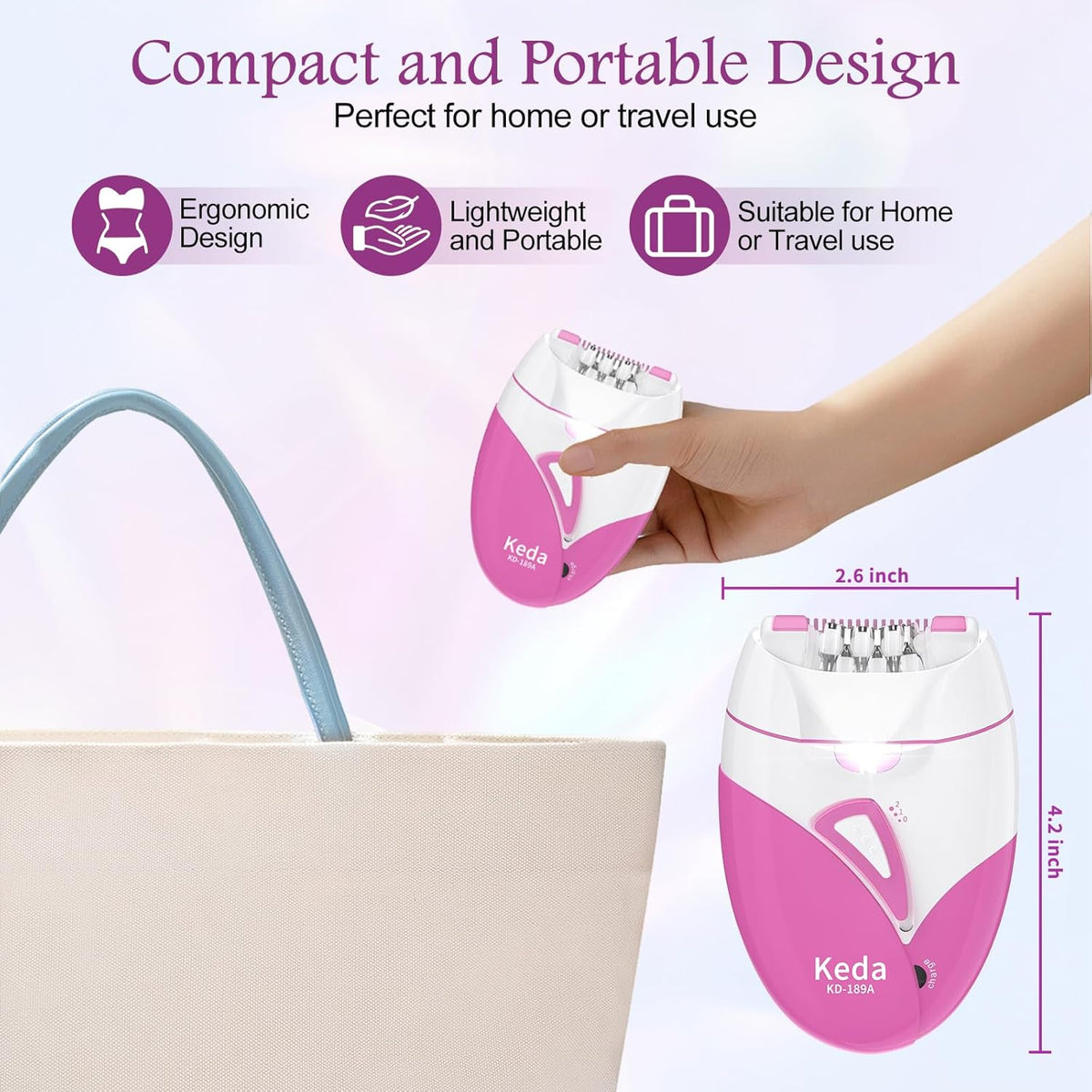 Epilator for Women, Smooth Glide Facial Hair Remover with 2 Speed & LED Light, Rechargeable Cordless Electric Epilator for Face, Bikini, Underarms, Arms, and Legs, Painless & Portable