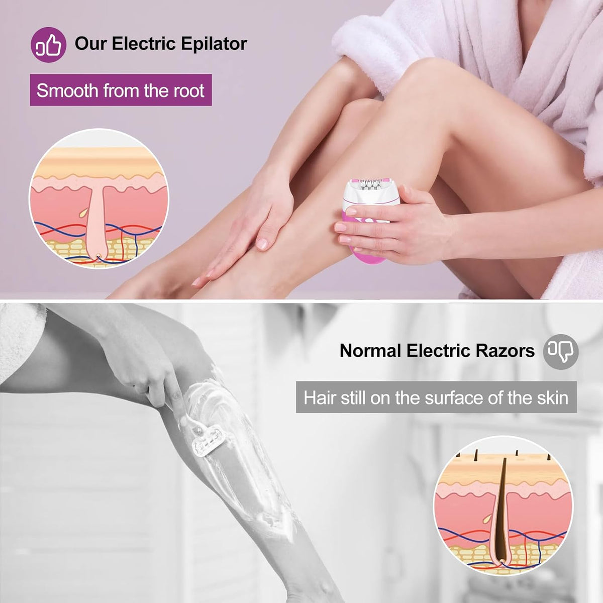 Epilator for Women, Smooth Glide Facial Hair Remover with 2 Speed & LED Light, Rechargeable Cordless Electric Epilator for Face, Bikini, Underarms, Arms, and Legs, Painless & Portable