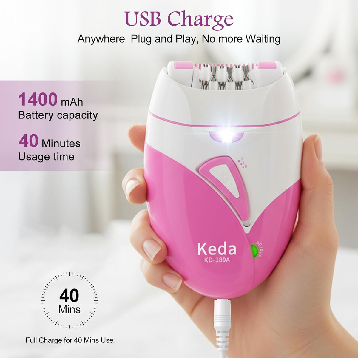 Epilator for Women, Smooth Glide Facial Hair Remover with 2 Speed & LED Light, Rechargeable Cordless Electric Epilator for Face, Bikini, Underarms, Arms, and Legs, Painless & Portable