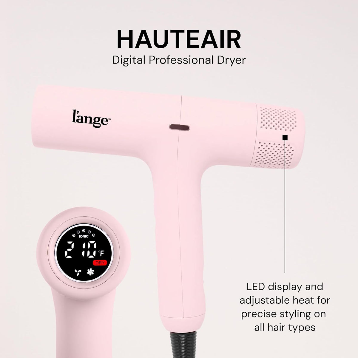 HauteAir Digital Professional Hair Dryer | LED Display for Precision Heat Control | Fast-Dry Brushless Motor with Cool Shot | Negative Ion Technology | Lightweight & Self-Cleaning (Blush)
