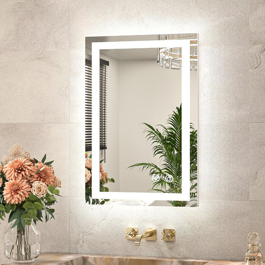 LED Bathroom Mirror 24 x 36 Brighter Light up Mirror with Lights, Front and Backlit Lighted Mirror for Bathroom 3-Color Dimmable Led Vanity Illuminated Anti Fog Wall Mirror, Tempered Glass